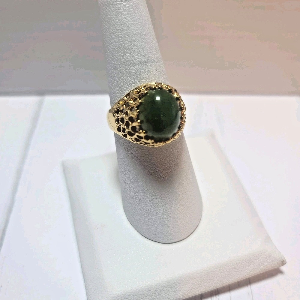 Green Glass 18Kt‎ HGE Ring 7 Dome Cabochon Cocktail Womens Statement Jewelry